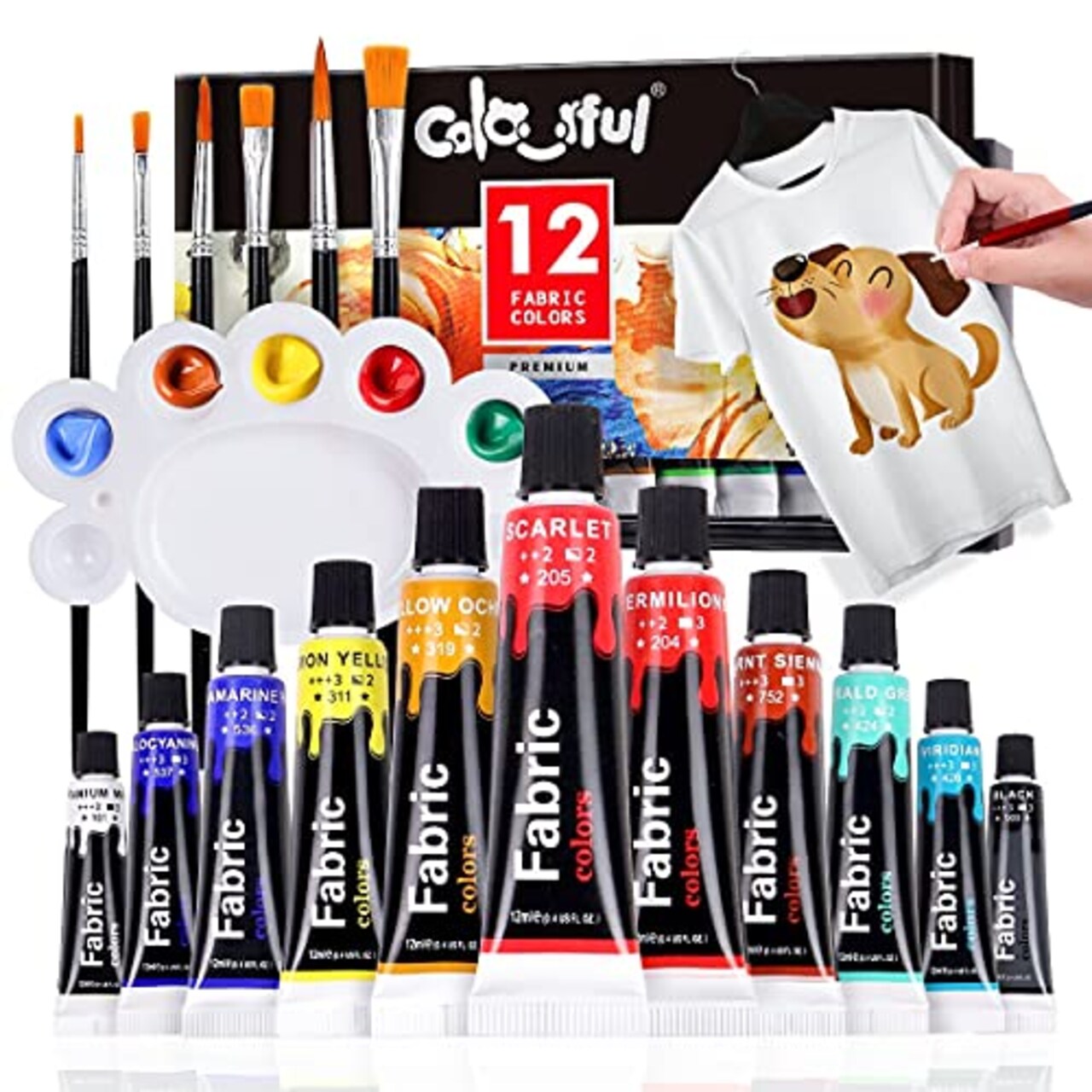 Colorful Fabric Paint Set for Clothes with 6 Brushes, 1 Palette, 12 Colors  - Permanent Textile Paint Puffy Paint Kit for Shoes, Canvas - Non-Toxic  Slick Painting Set for Adults, Beginner & Artists